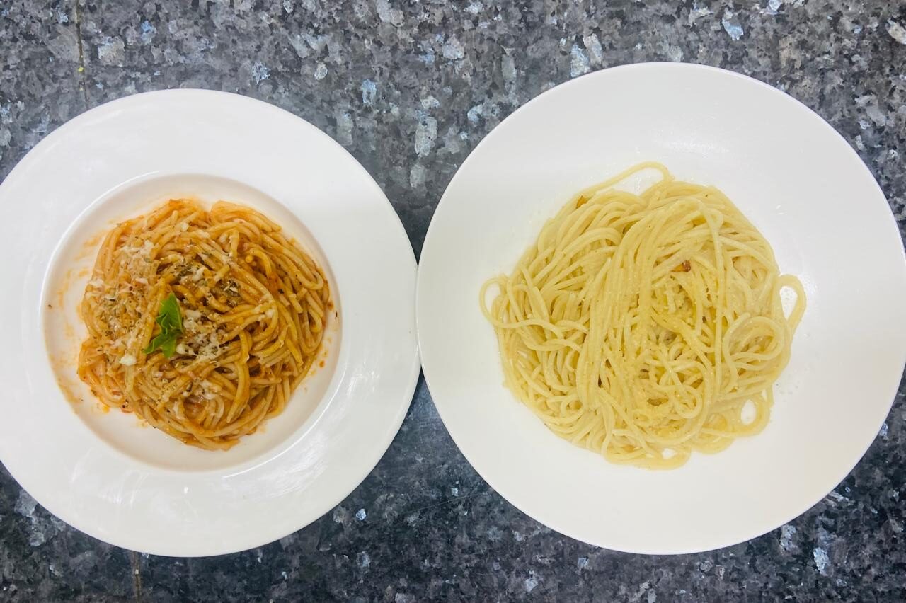 spaghetti napolitana and Spaghetti Aglio e Olio with Pepperoncino